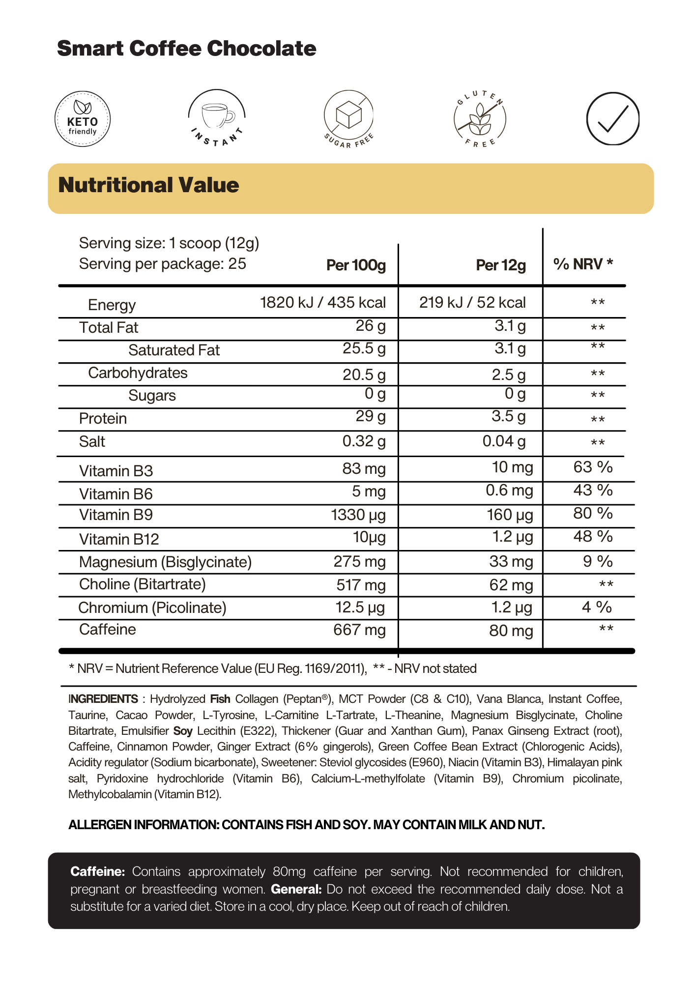 SmartCoffee Chocolate - nutritional table